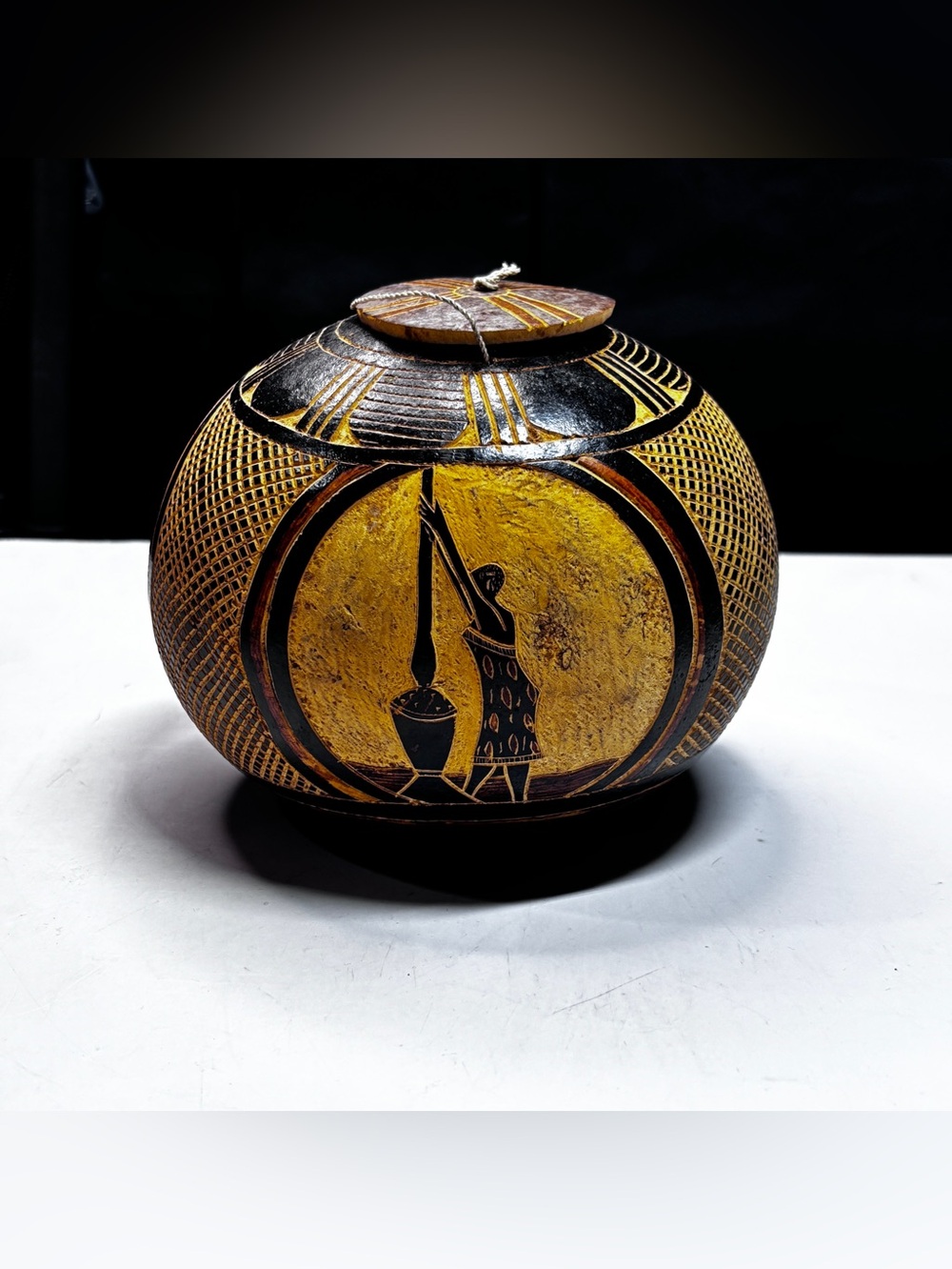 Antique Hand Carved African Hanging Gourd Vessel Lidded Calabash Bird Decor - Picture 3 of 14